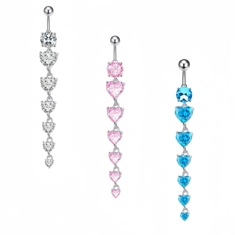S&S Stainless Steel Heart Dangle Belly Button Ring | 6 Colours | 70mm