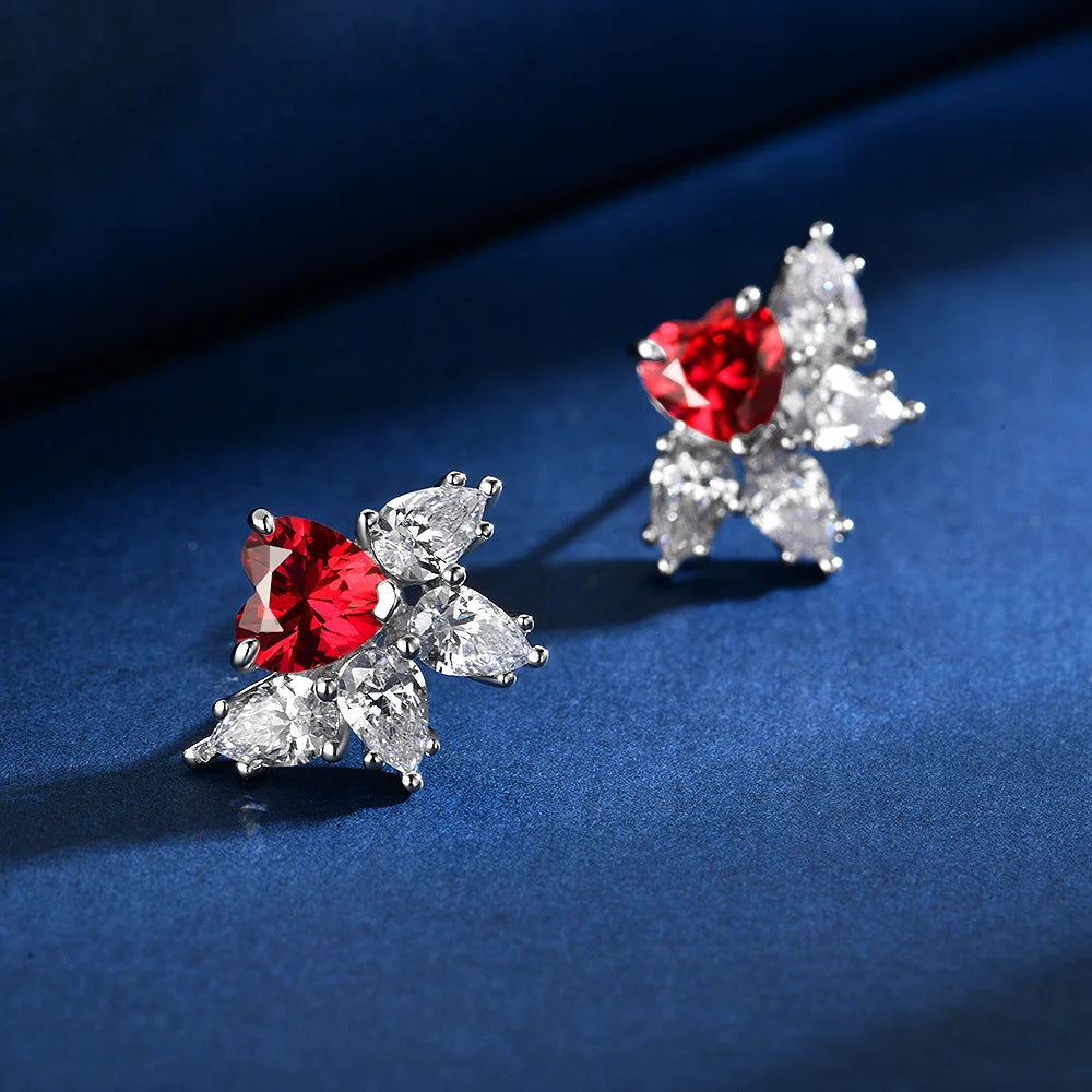 MUSHAN Jewelry Factory 925 Silver 1 Carat Heart Shaped 7*7 Lab Grown Ruby Earrings High End European and American Style