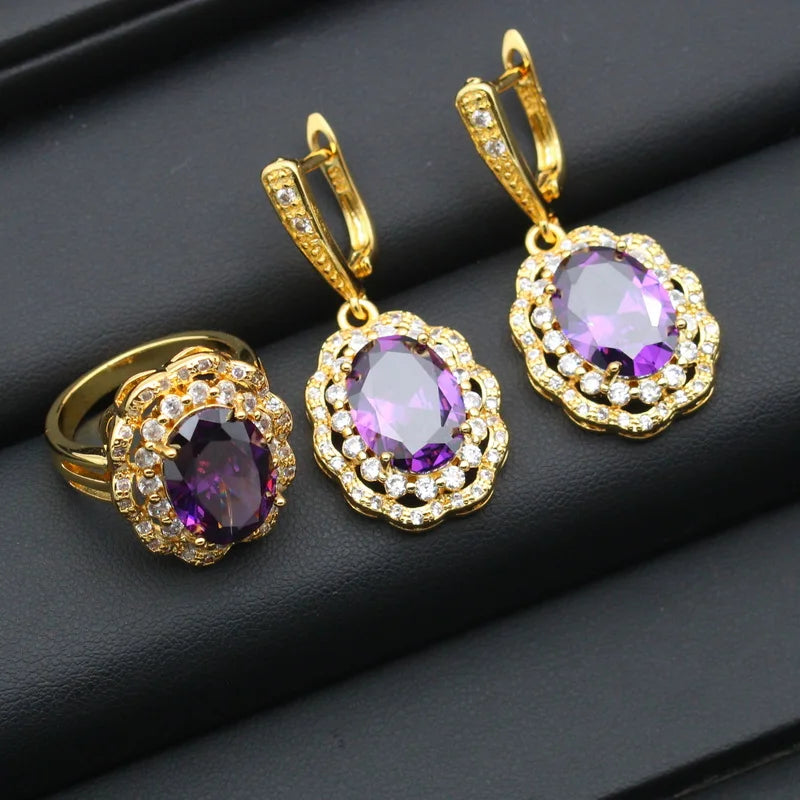 Luxurious Purple Zirconia Gold Color Bridal Jewelry Sets for Women Wedding Earrings Pendant Ring Bracelet Chain Christmas Party