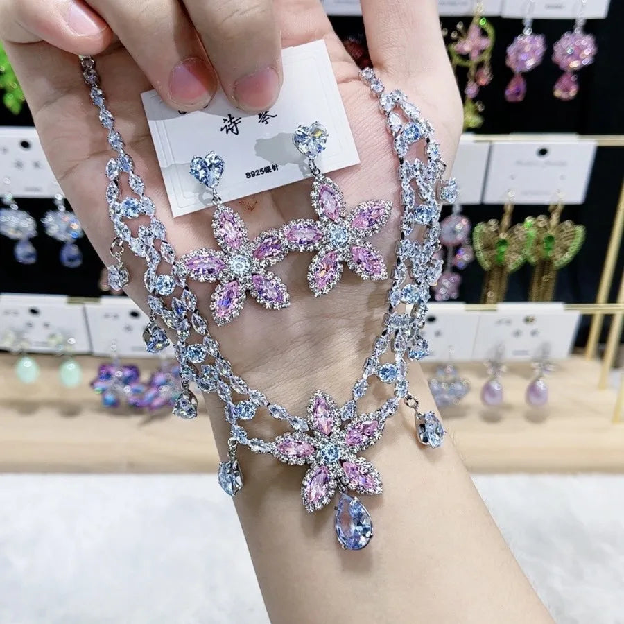K076 High End Women Trendy Luxurious Pink Flower Zircon Bridal Necklace Earrings Set Wedding Elegant Jewelry Set