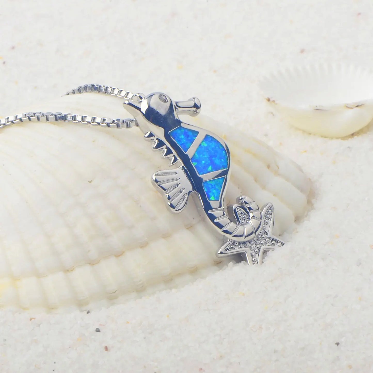 Aobao Christian Cute Silver Plated Women's Blue Opal Hippocampus Pendant Necklace with Link Chain Inlaid with Lab Created Opals
