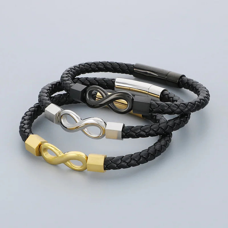 REBEL 210mm Vintage Stainless Steel&Cowhide Infinity Mark Bracelet