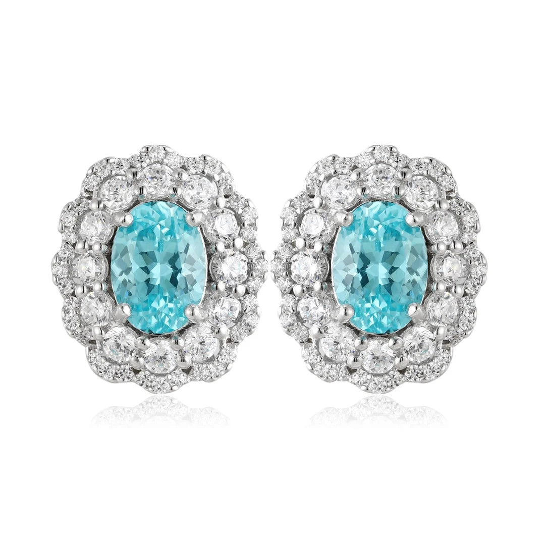 Gemfiori Custom Jewelry Sterling 925 Silver Earring Studs Oval Lab Grown Paraiba Rhodium Plated Women Vintage ODM OEM
