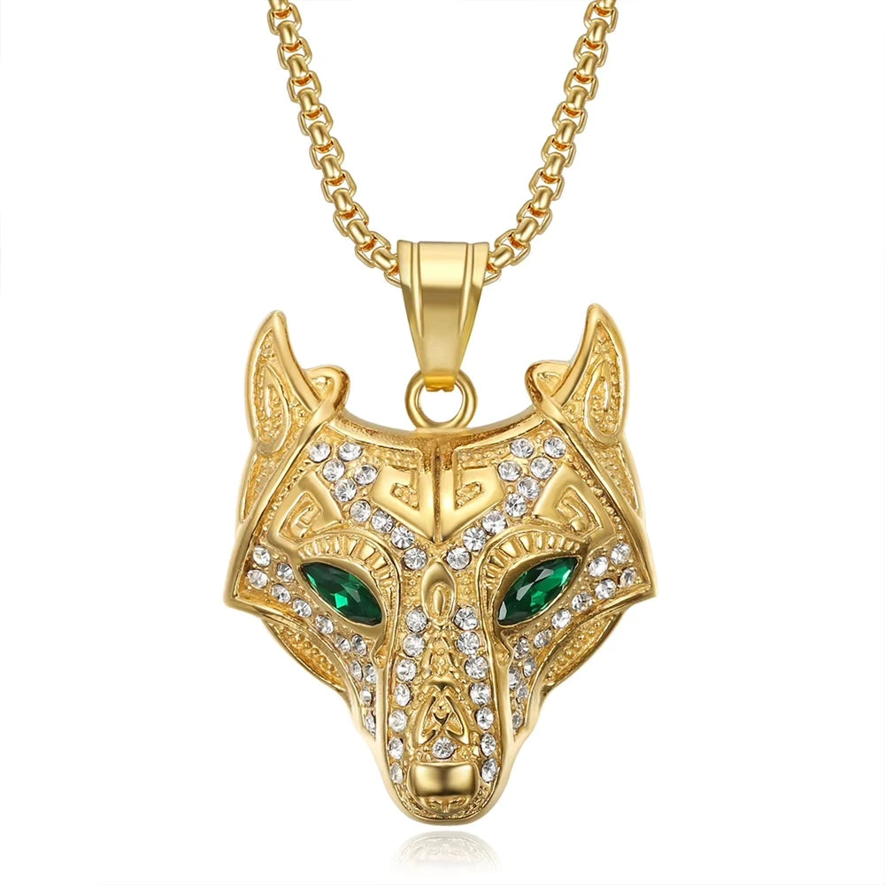 Hip Hop Iced Out Diamond Viking Celtic Wolf Stainless Steel Fine Fashion Jewelry Pendants Necklaces 18K Gold Plated Women