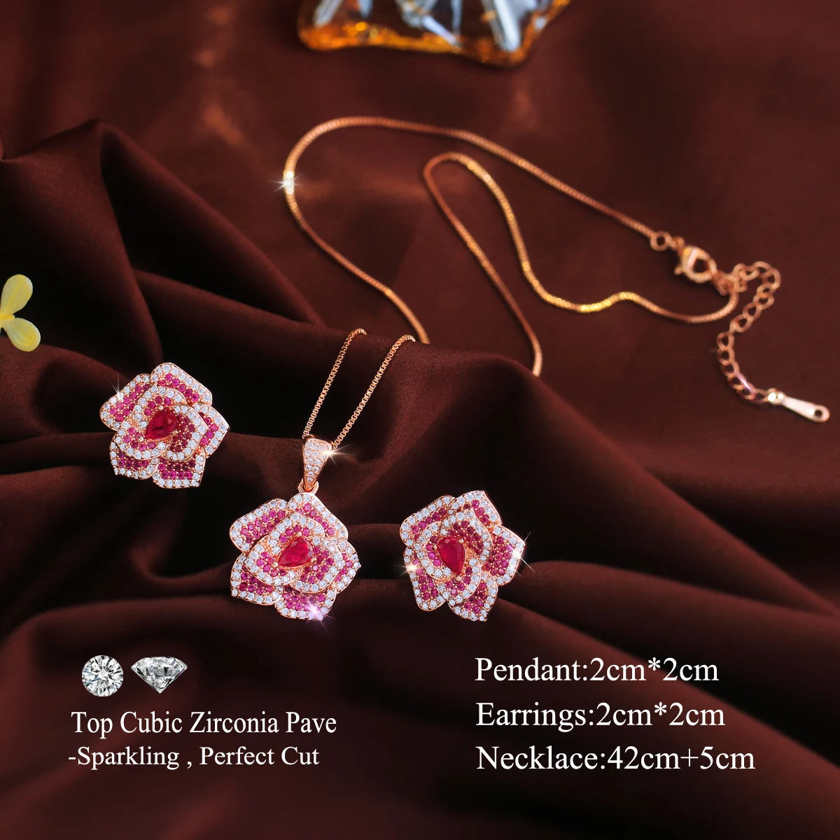 Luxury Rose Gold Plated Pink Sapphire Color Rose Flower Pendant Jewelry Set 5A Cubic Zircon Earrings Necklace for Bridal Wedding