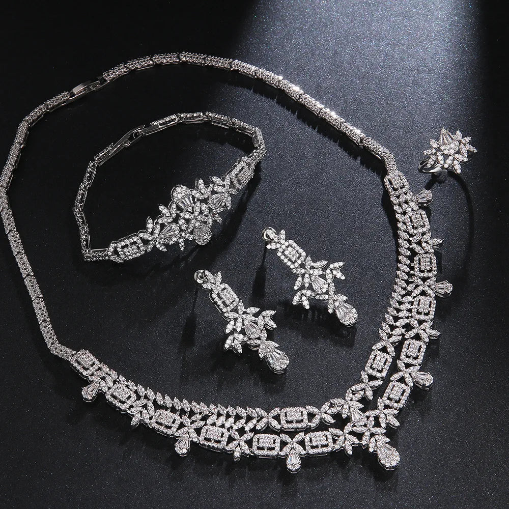 Luxury Full-Paved Round Brilliant Zirconia 4-Piece Nigerian & UAE Dubai Geometric Bridal Set — Rhodium Plated