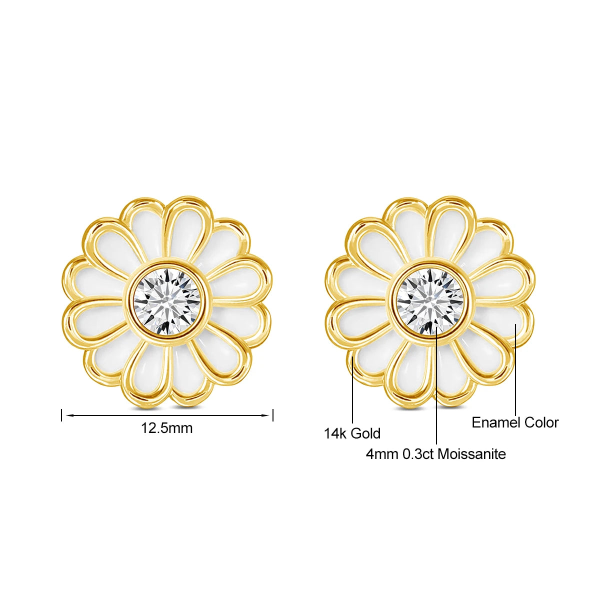 Gioiellieri Gemfiori Fine Jewellery Woman Girl Gift 0.3 Carat Moissanite White Enamel Color Hollow 14K Gold Small Daisy Stud Earrings