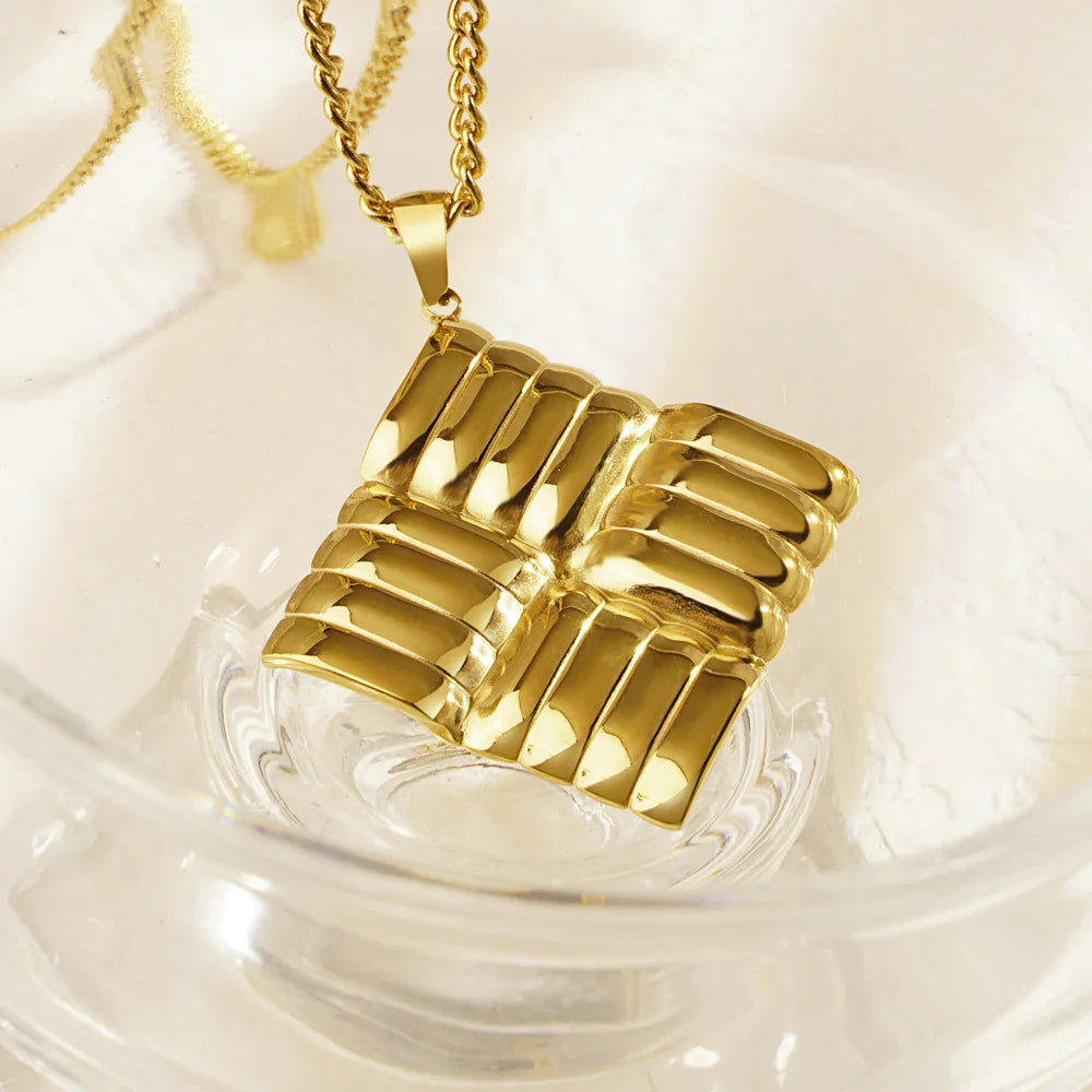 Geometric Square Necklace & Braided Drop Earrings | Retro Gold Plated Stainless Steel Fashion Jewellery