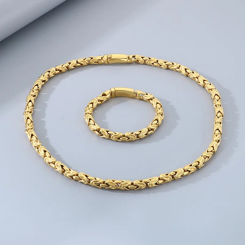 KALEN Gothic Stainless Steel Byzantine Links Fashion Bracelet&Necklace Jewelry Men's Sets