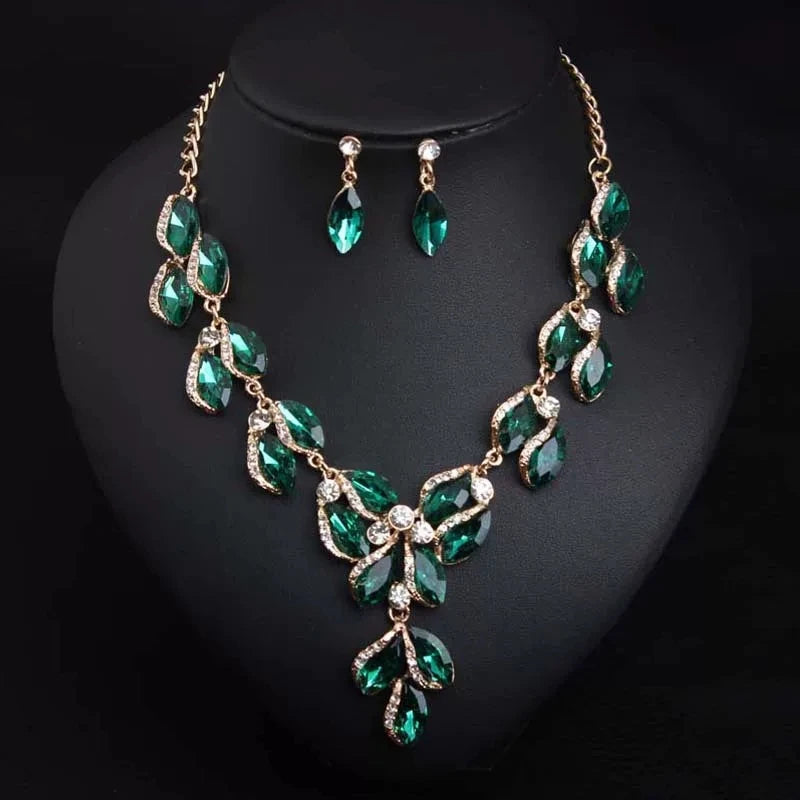 XM S392 Gold Plated Retro Gemstone Crystal Floral Necklace & Earrings Bridal Set