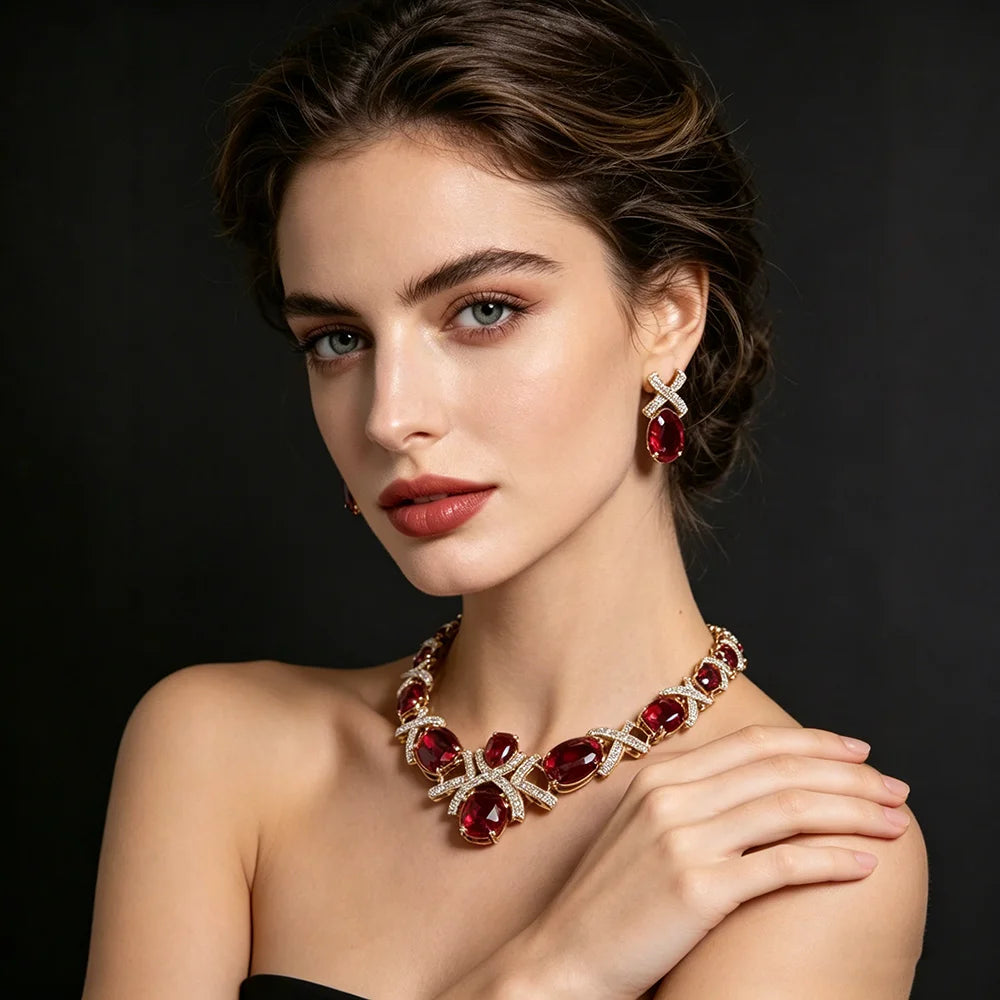 XM S299 Gold Plated Oval Cut Zircon Floral Statement Necklace & Earrings Bridal Set