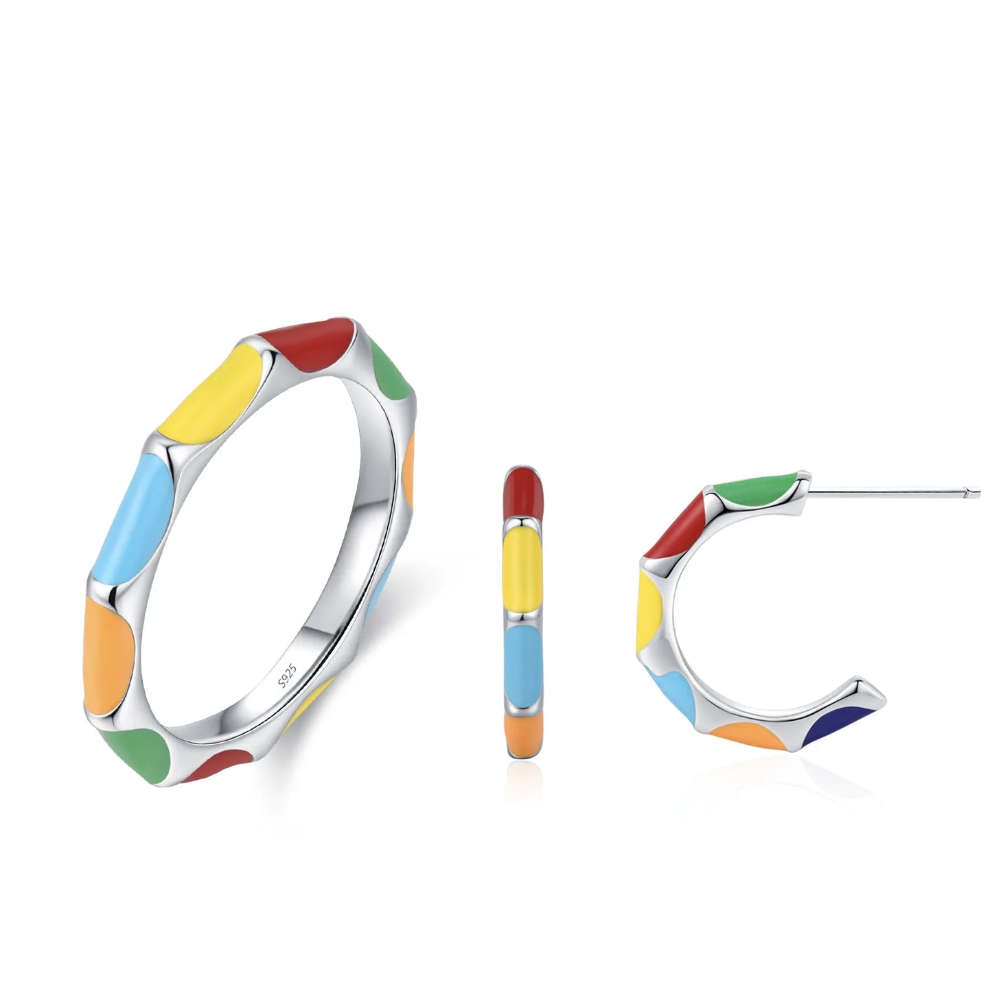 925 Sterling Silver Colorful Retro Enamel Earring Ring Rainbow Jewelry Set Gift Set