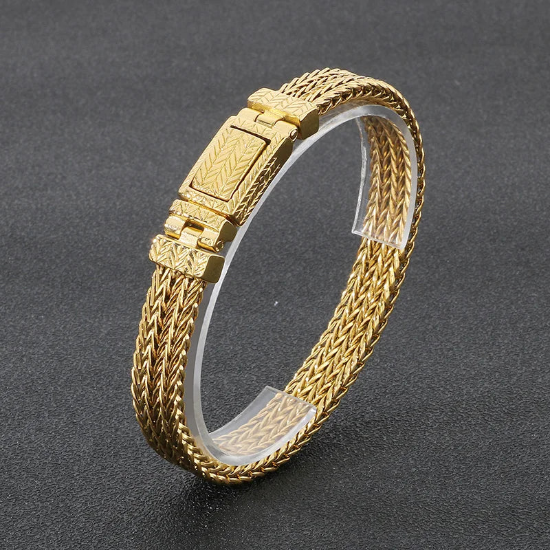 KALEN Men Punk 215mm Stainless Steel Leaf Mark Herringbone Links Bracelet