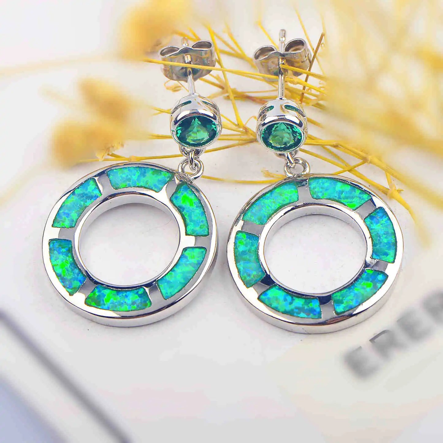 Retro Green Opal Pendant Earrings Brass Silver Plated Geometric Christian Minimalist Round Circle Jewelry for Women