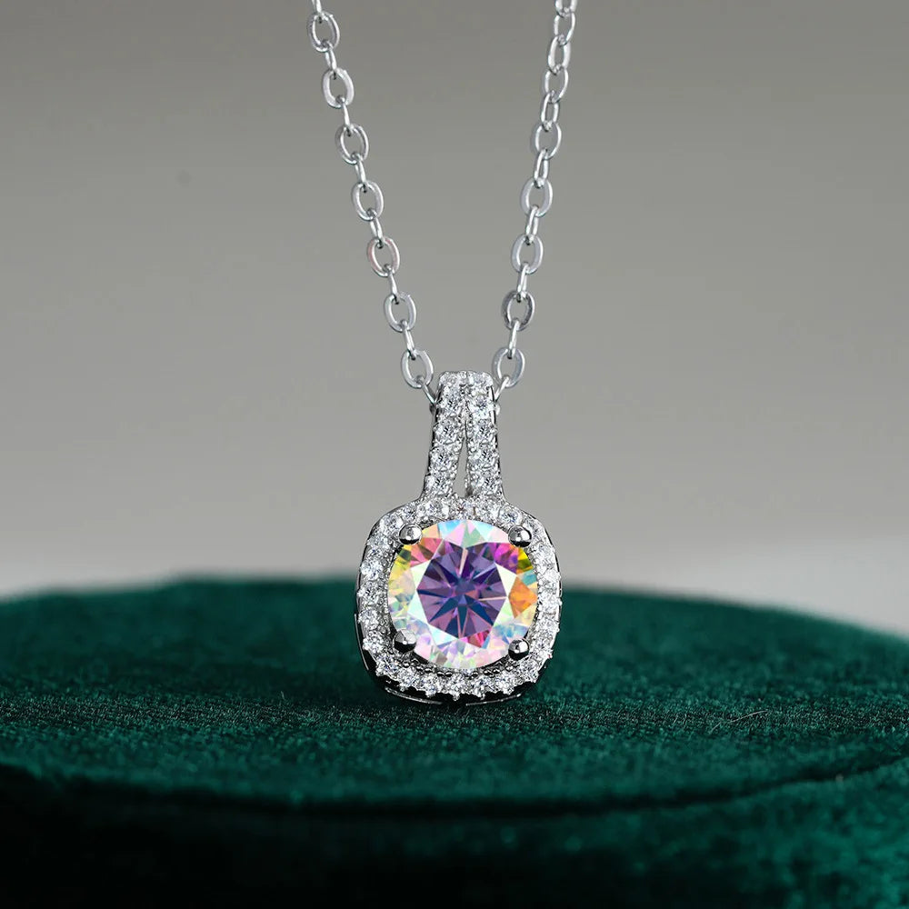 Fine Jewelry 925 Silver Square Bezel Set Round Cut 1CT 2CT VVS GRA Certified Colorful Moissanite Diamond Pendant Necklaces Women