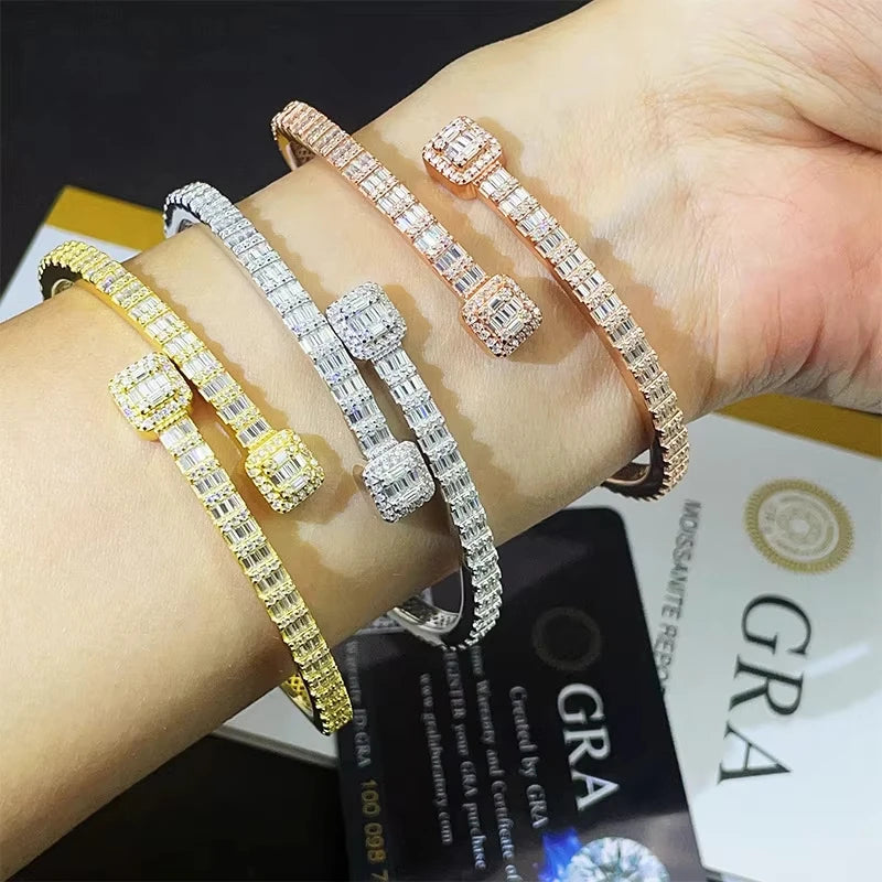 Hop Style Men's Women's 925 Sterling Silver Iced VVS Baguette Moissanite T Square Cuban Link Bracelet Bangle Set