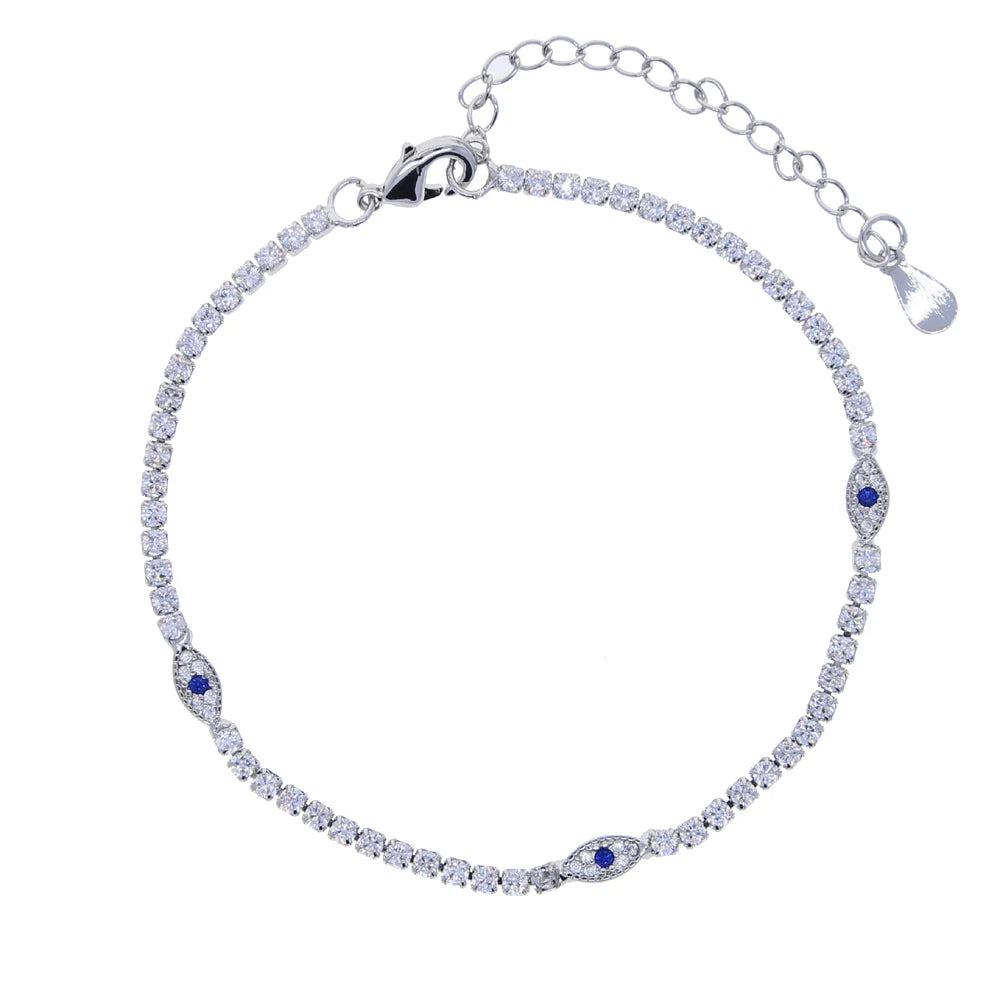 High Quality Summer Beach New Styles Paved Clear Blue CZ Evil-Eye Charm Foot Anklet 2mm Tennis Link Chain Jewelry for Women Girl