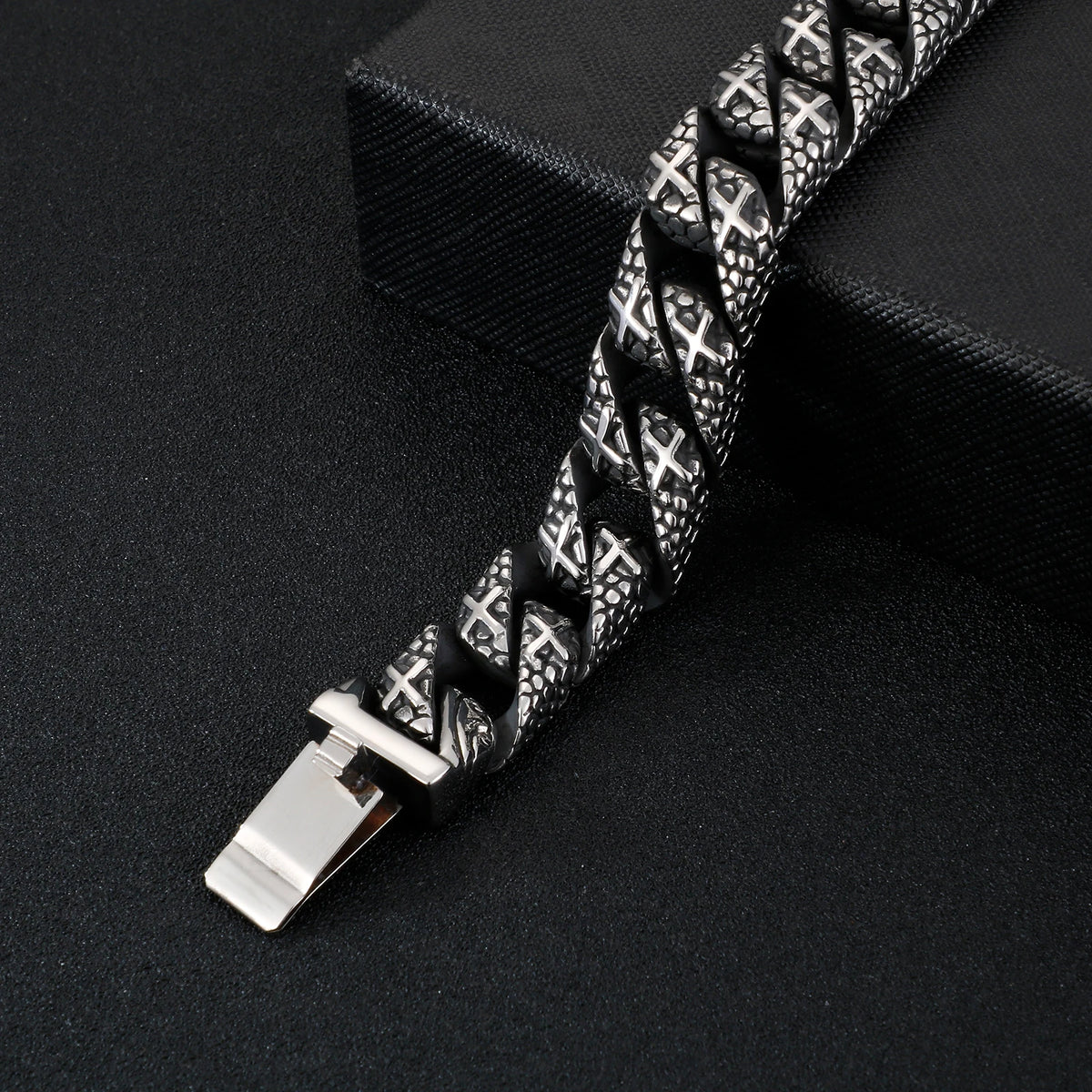 VIKING Mens Punk Pirate Skull Snake Skin Curb Chain Bracelet – Silver Stainless Steel