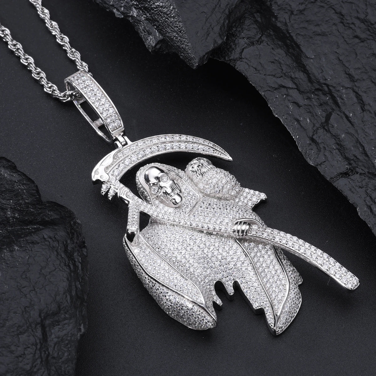 Punk Style Street Jewelry Luxury Gold Plated Brass AAAAA CZ Diamond Iced Out Grim Reaper Pendant for Hip Hop Men Women