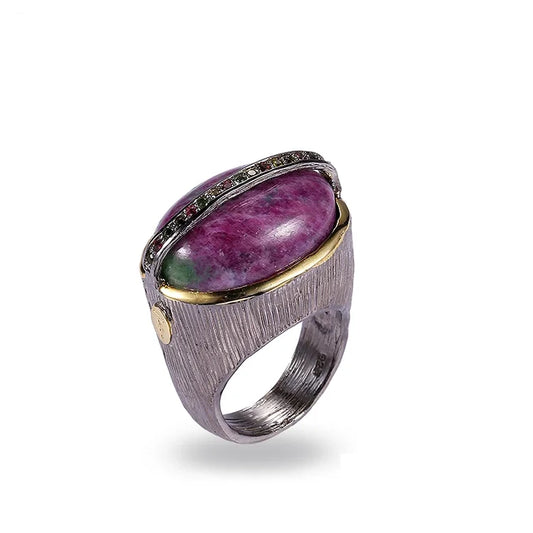 Handmade Epidote 925 Sterling Silver Ring with Tourmaline