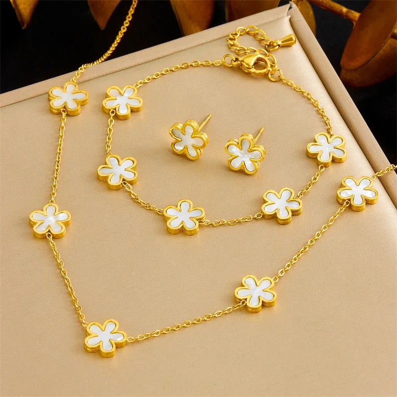 Gold White Flower Necklace, Earrings & Bracelet Jewellery Set | Exquisite Bridal Fashion Set