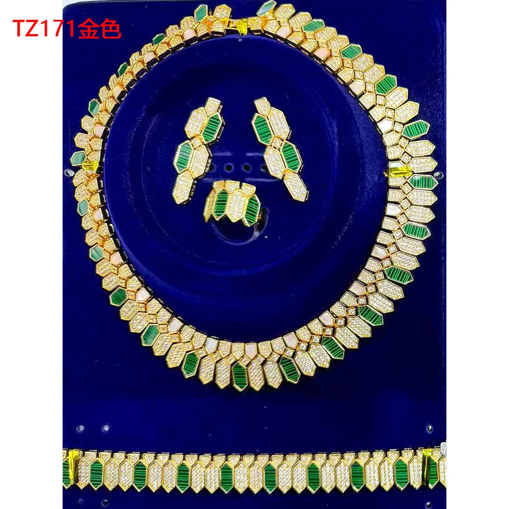 Middle Eastern Luxury Gold Jewelry Set with White Shell Black Agate Cubic Zirconia Chocker Necklace Earring Ring Bracelet Sets