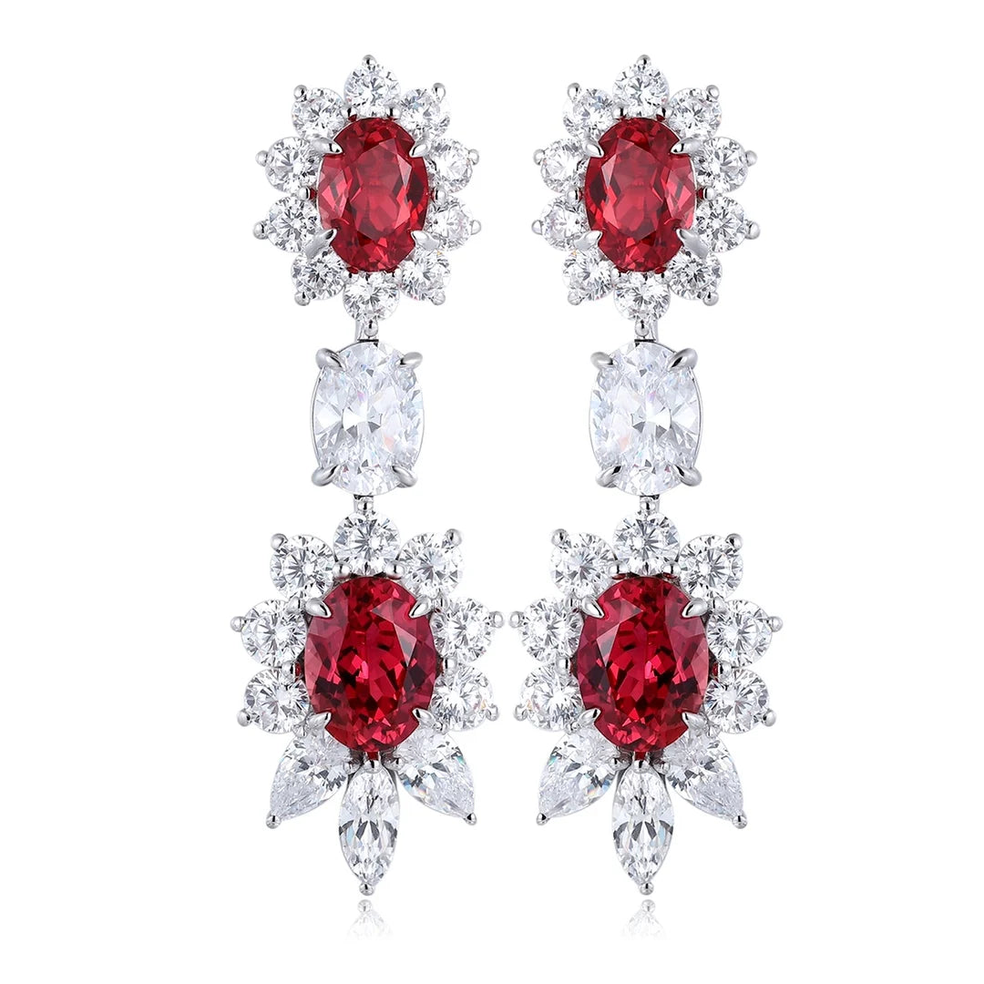 Gemfiori Flower Shaped S925 Silver Earrings for Women's Earrings Oval 3CT Lab Grown Emerald Ruby Sapphire Wedding Jewelry Gift Ideas