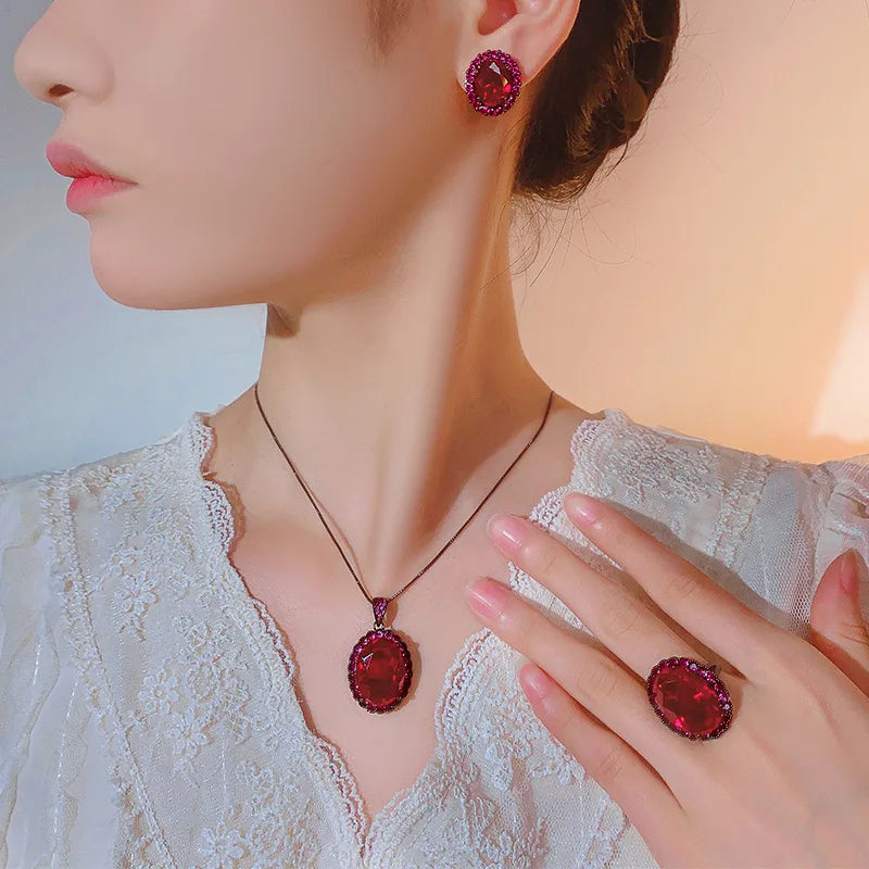 Gemfiori 2025 New Jewelry Brass Gold Plated Dove Blood Red Zircon Advanced Oval Set for Women