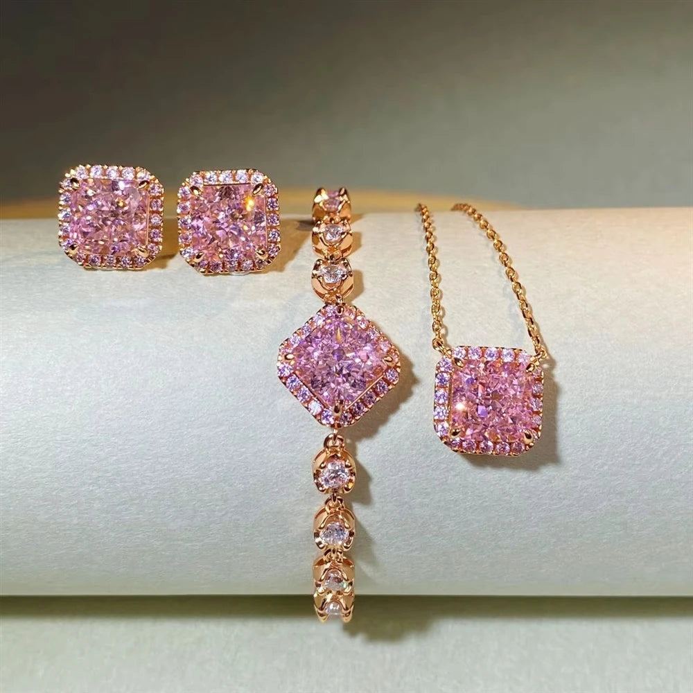 S&S Pink Zircon 925 Silver Jewellery Set | 18K Gold Plated Necklace, Earrings & Bracelet | S&S Collection