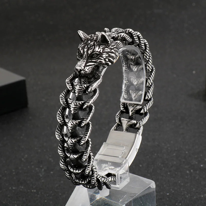 KALEN 22cm Punk Stainless Steel Bracelet Wolf Head Chain Men Bracelet