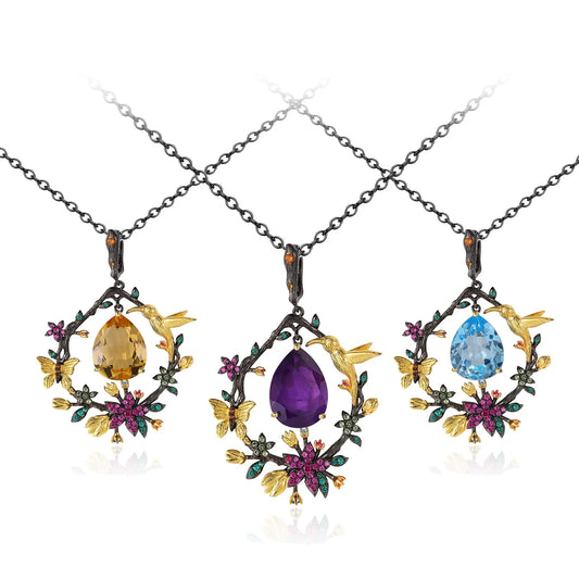 ArtistA Butterfly Vintage Blue Pendant Necklace in 925 Sterling Silver
