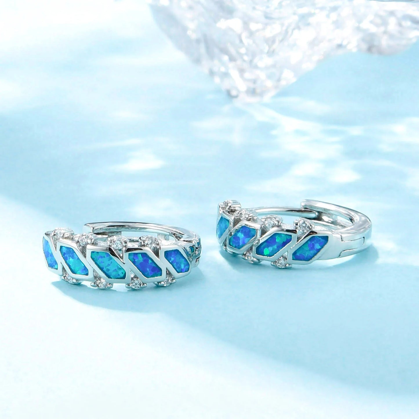 Geometric Mosaic Opal Huggie Hoops - Blue Fire Opal & CZ Accent Grid Design | Chic Daily Jewelry Bulk Gifts