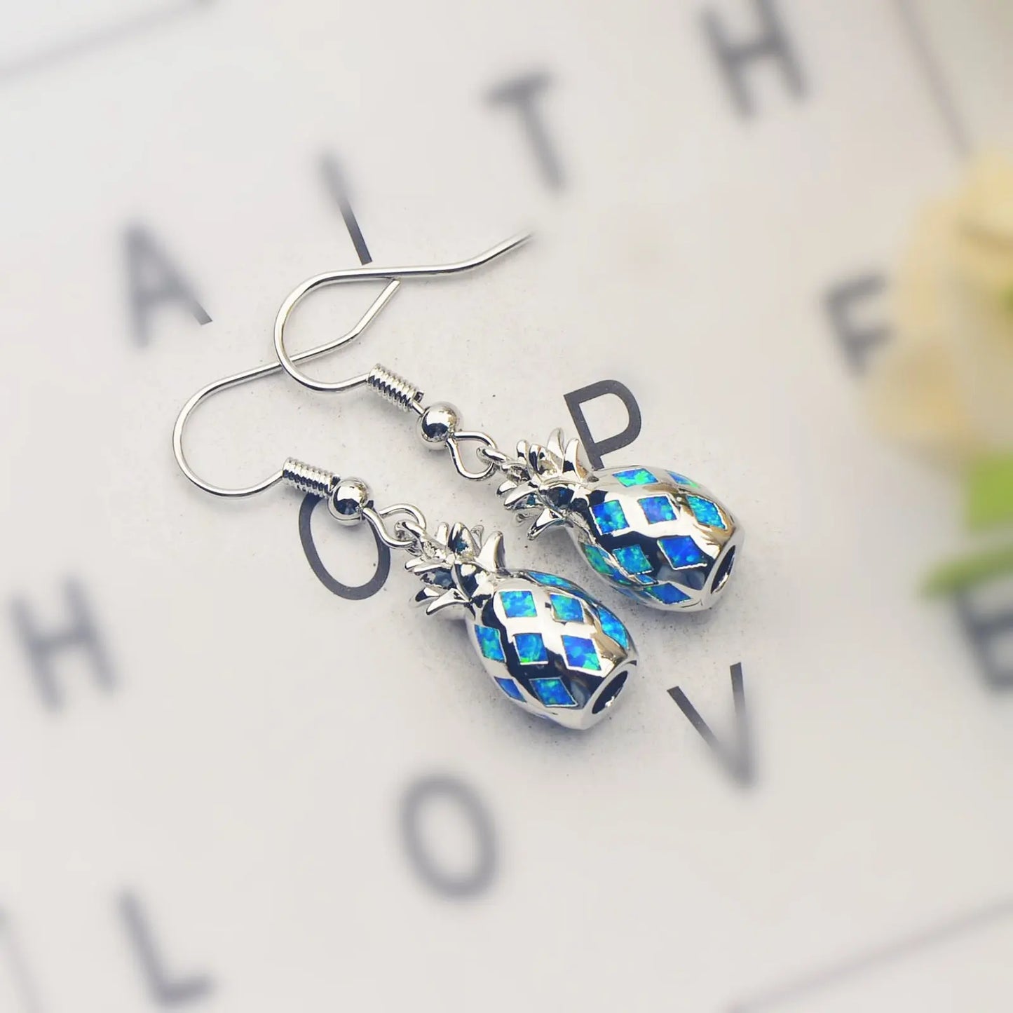 Geometric Opal Pineapple Earrings - Blue Fire Opal Solitaire & CZ Accent Design | Elegant Formal Jewelry Bulk Gifts