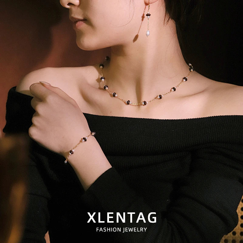 Natural Freshwater Pearl Tiger Eye Jewelry Set for Women Daily Wear Dating Necklace Bracelet Earrings Set
