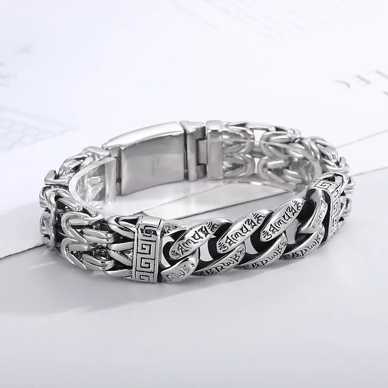 KALEN 225mm Gothic Stainless Steel Herringbone&Cuban Chain Bracelet With Ancient Runes