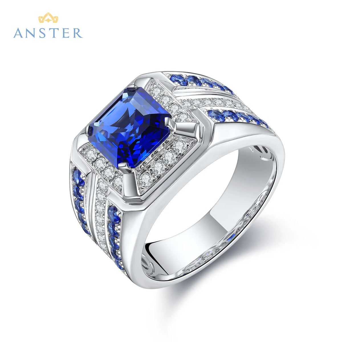 Gemfiori Elegant Men's Sterling Silver 925 Ring Men Rings Lab Grown Sapphire Emerald Diamond Inlay Christmas & Father's Day Gift for Him