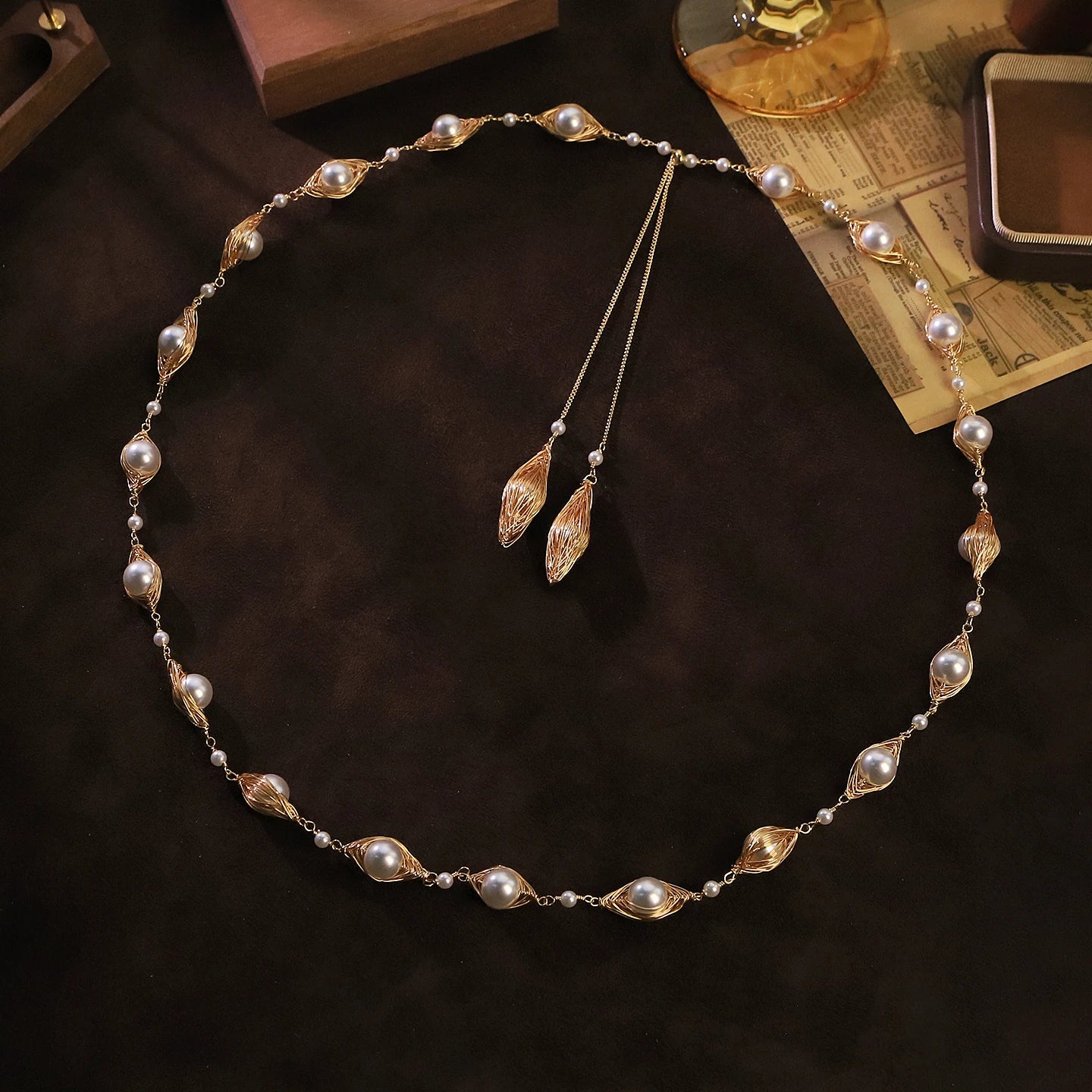 Shijia Pearl Wire Wrapped Sweater Chain Necklace for Women Daily Banquet Birthday Party Gift Dainty Necklace Fashion Jewelry