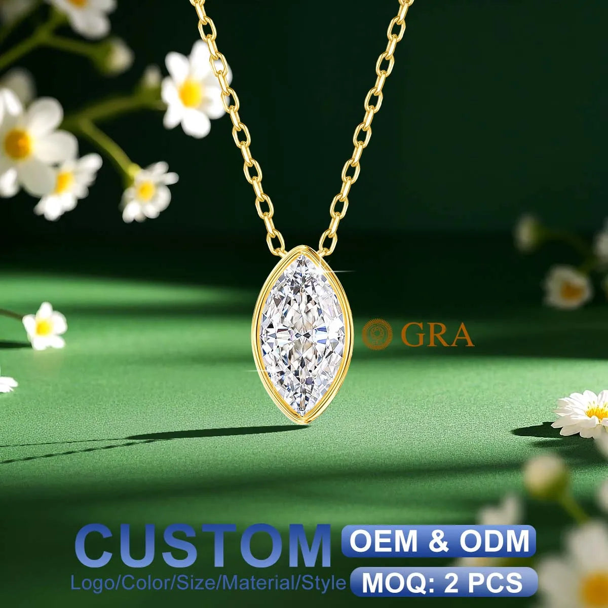 Gemfiori Classic Style Fine Jewelry Woman Engagement Birthday Gift 14K Gold 0.5ct-2ct Marquise Cut Moissanite Pendant & Charms