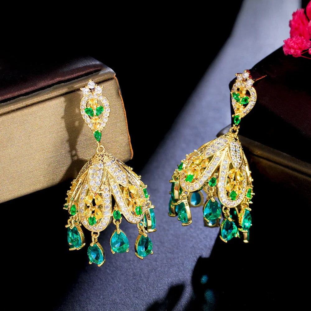 Indian Gold Plated Jhumka Jewelry Big Traditional Pave Green CZ Cubic Zirconia Drop Tassel Earrings for Women Evening Party Wear
