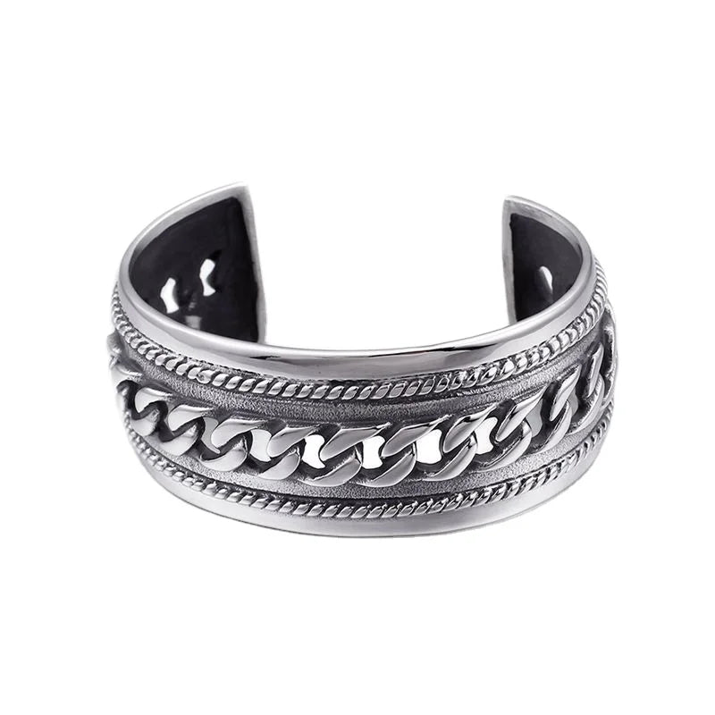 REBEL VIKING Wide Link Chain Bangle – 316L Stainless Steel Men's Silver Bracelet 28mm