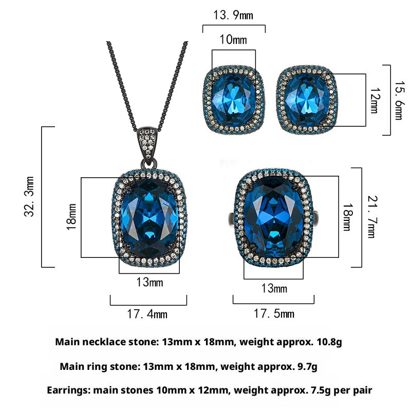 Gemfiori Luxury Vintage Gothic Royal Blue Sapphire Jewelry Set Black Gold Plated Cushion Cut Blue Gem Halo Pendant Necklace Earrings Ring