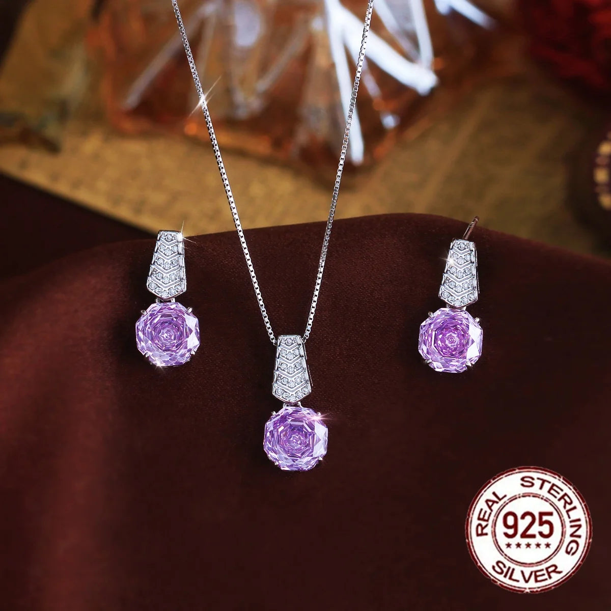 New Arrivals Sparkling High Carbon Rose CZ Flower Cut Cubic Zirconia Necklace and Earrings Purple Jewelry Set for Women