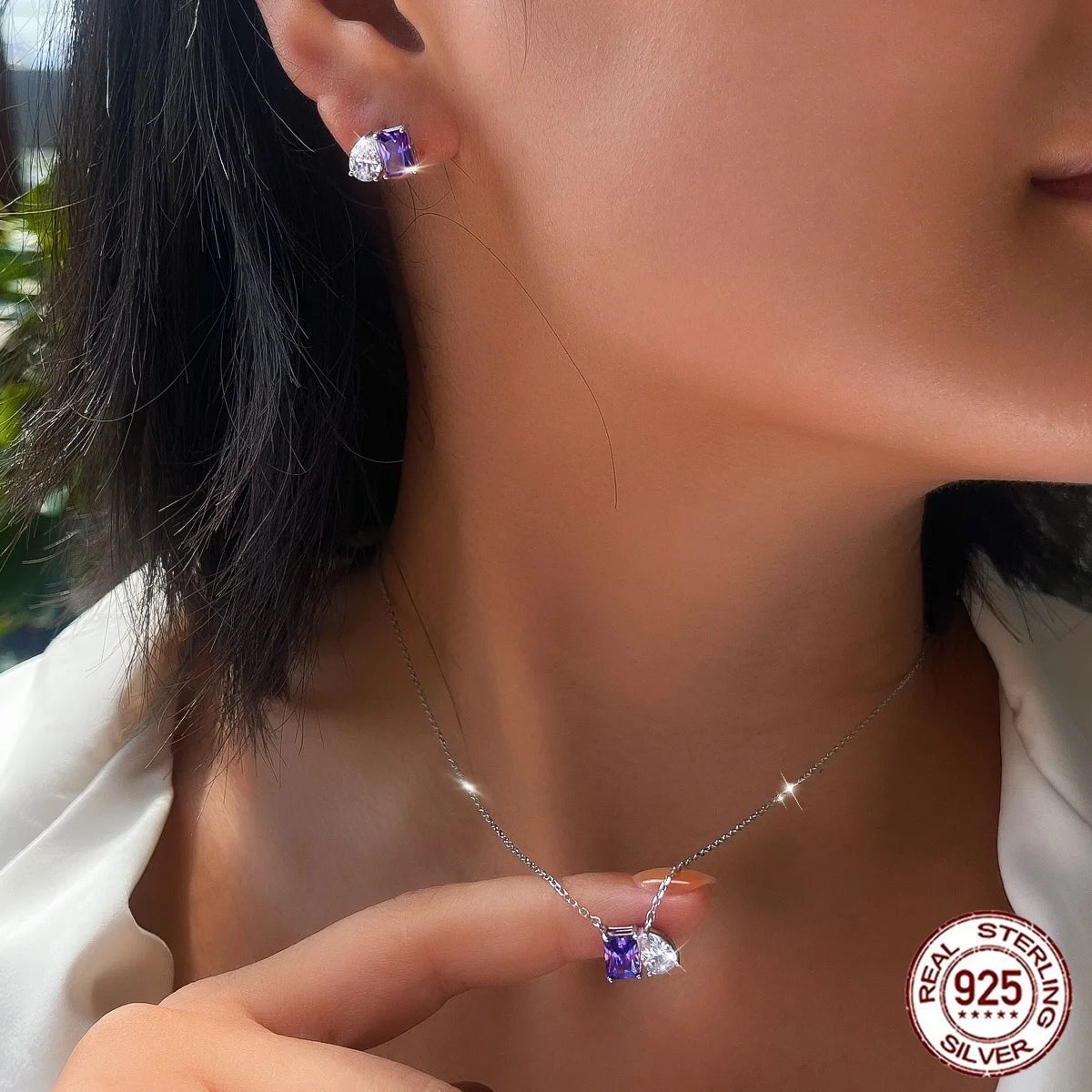 Vivid 925 Sterling Silver Purple Zircon Jewelry Set Baguette Drop Necklace Earrings Rhodium Plated for Women, Formal Event