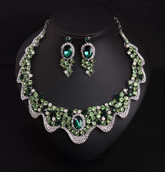 Luxury Emerald Green Crystal & Pearl Floral Statement Necklace & Drop Earrings Bridal Set — Silver Plated