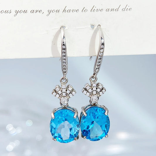 Gioiellieri S925 Sterling Silver Natural Blue Topaz Drop Earrings with Genuine Gemstone for Women Fine Jewelry Birthday Gift for Girls