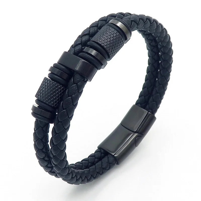 KALEN 210mm Men Vintage Multiple Style Stainless Steel&Cowhide Leather Bracelets
