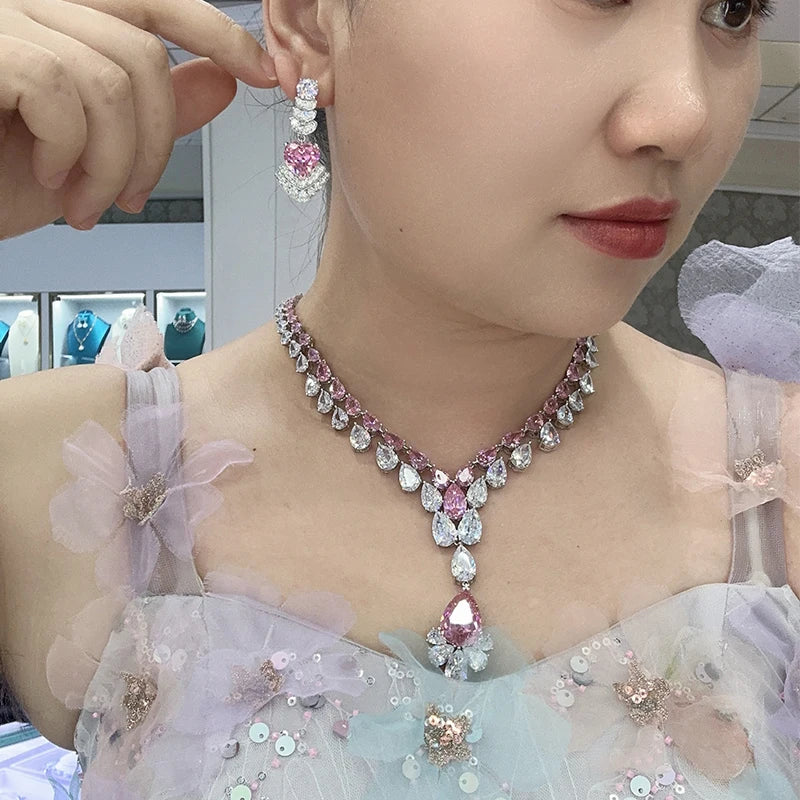 2025 New Product Full Water Drop Shaped Necklace Earrings Women's Fashion Jewelry Set Brass Inlaid with Zirconium