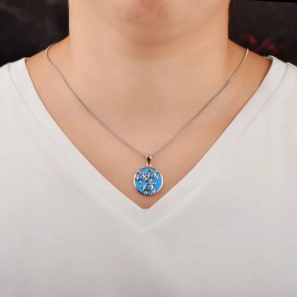 Bohemian Hawaiian Blue Opal Turtle Necklace-3 Turtle Pendant Trendy Copper Sweater Chain Necklace for Women Wholesale