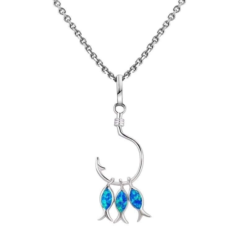Hawaiian Opal Fishhook Pendant Necklace - Trendy Color Gem Jewelry Wholesale