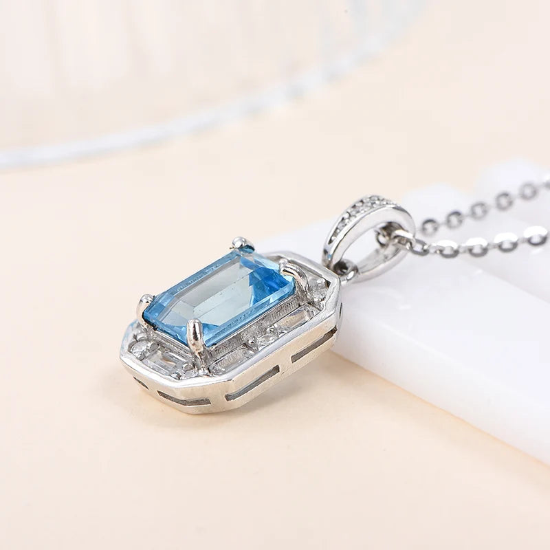 Gioiellieri Fine Jewelry 925 Silver Rhodium Plated Emerald Cut Natural Topaz Pendant Necklace Claw Setting CMA Certified for Women